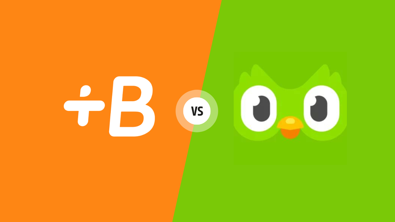 Babbel and Duolingo logos on a split orange and green background