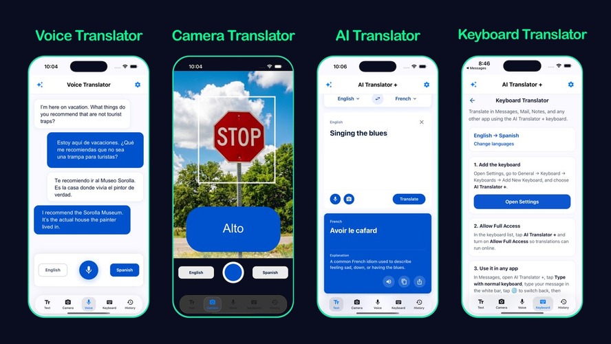 Translator AI app screenshots for text, voice, camera, and keyboard translation